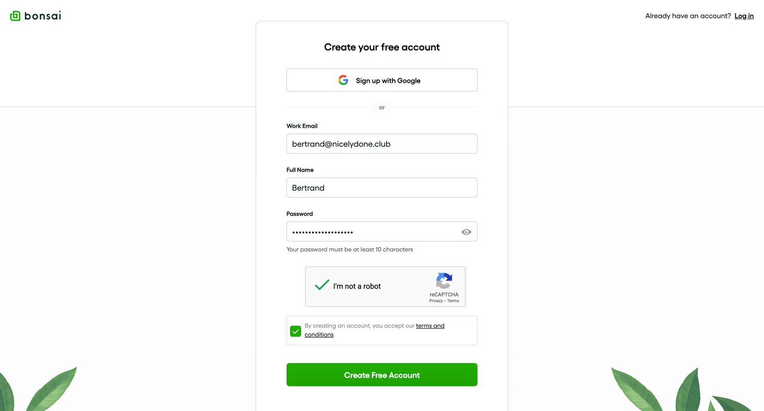 Bonsai - Sign Up - Bonsai screen