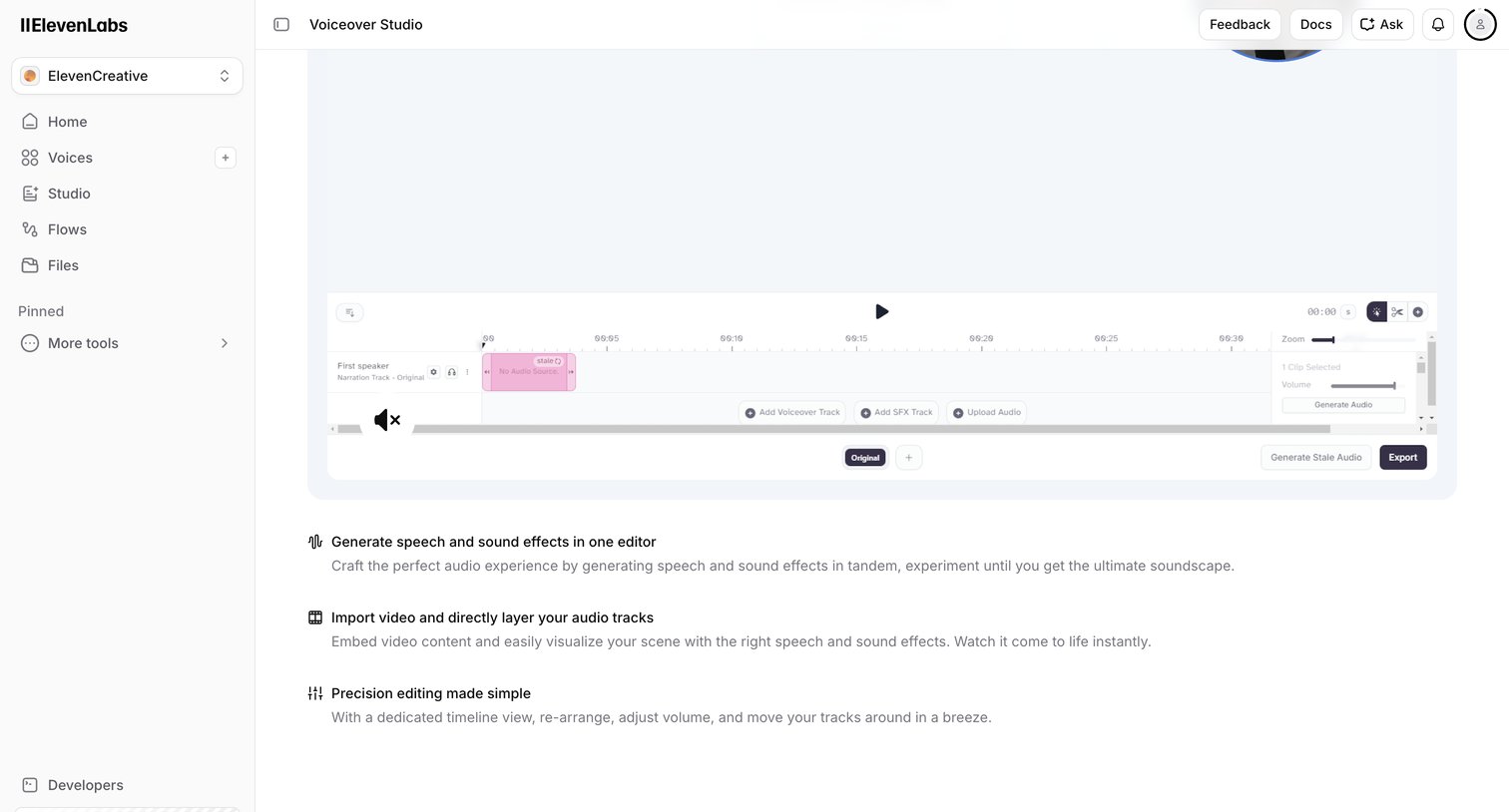 Elevenlabs - Voiceover Studio | ElevenLabs screen