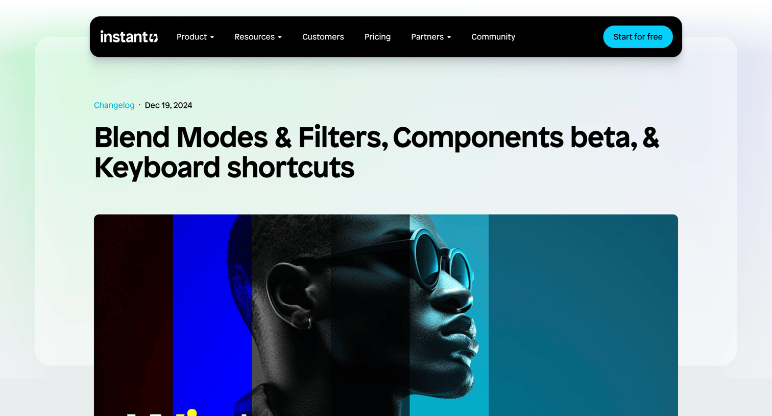 Instant - Blend Modes | Filters, Components beta, Keyboard shortcuts Insta screen