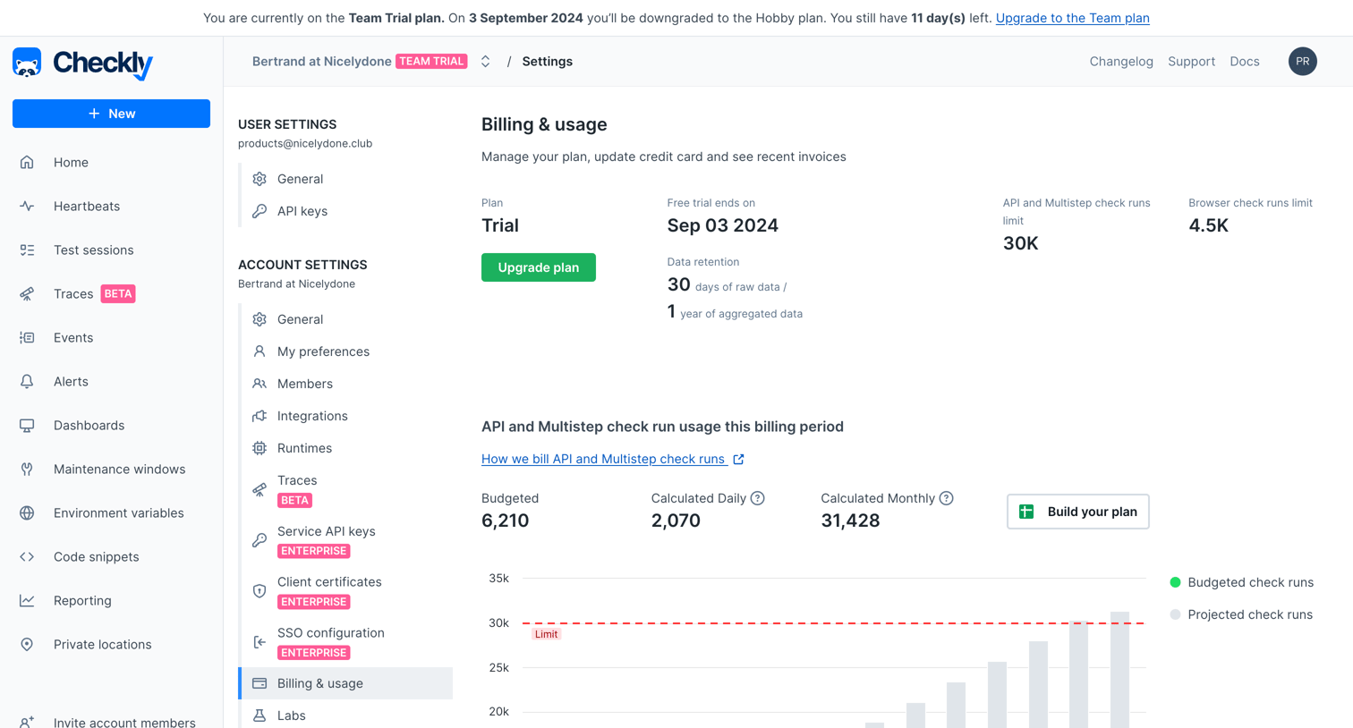 Checkly - Account | Billing screen