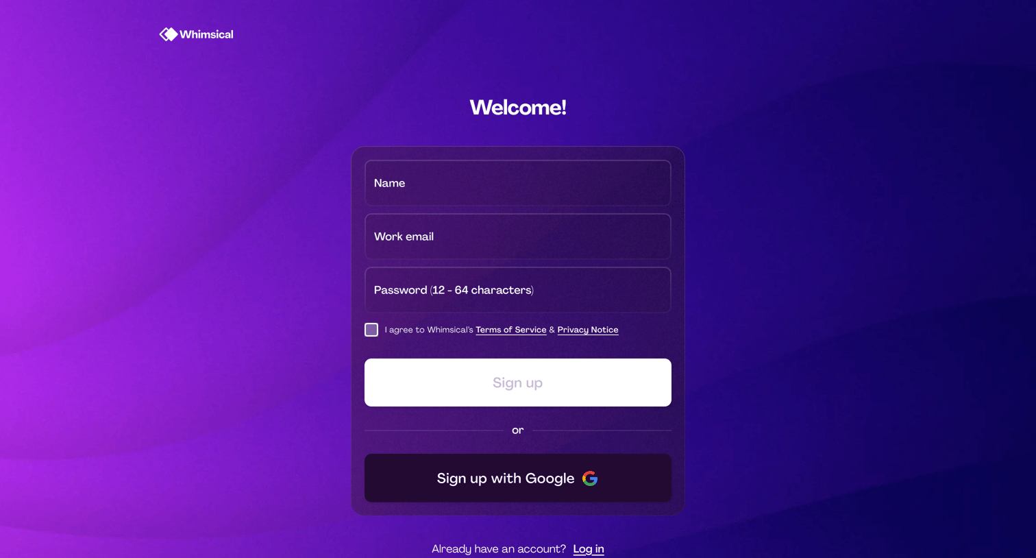 Whimsical - Sign up for free without a credit card screen