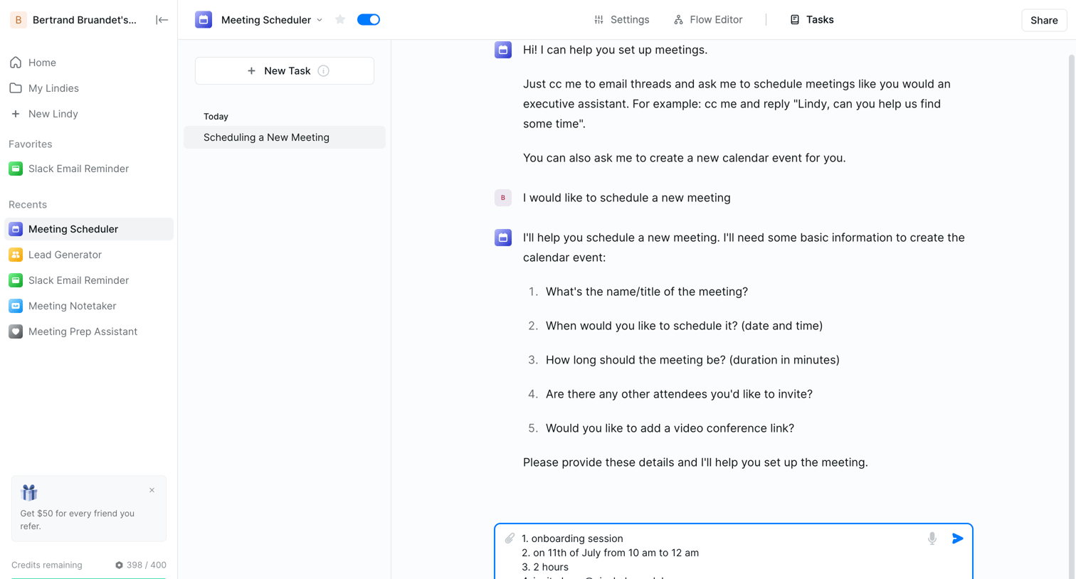 Lindy - Scheduling a New Meeting - Lindy screen