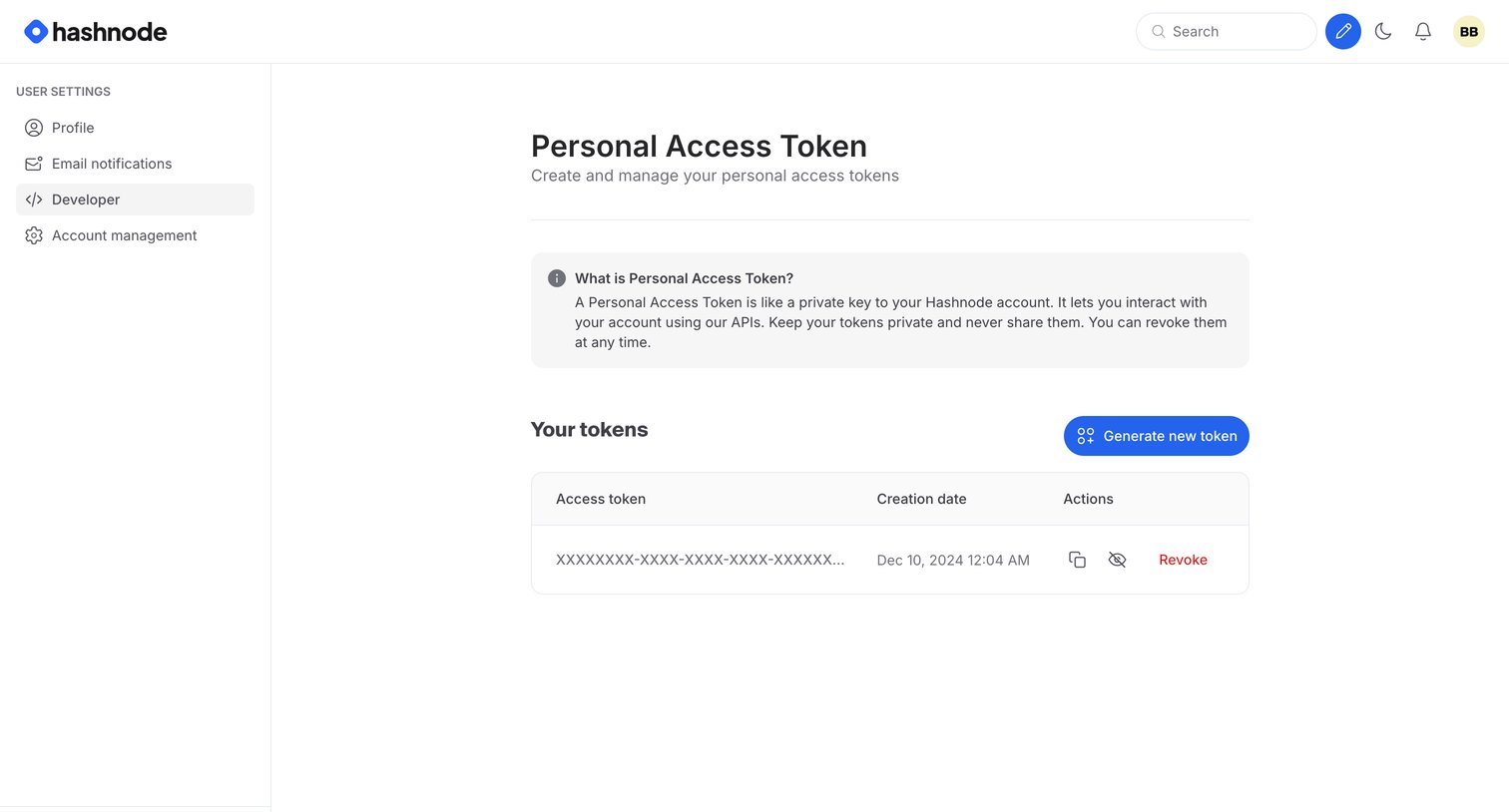 Hashnode - Developer Settings - Hashnode screen