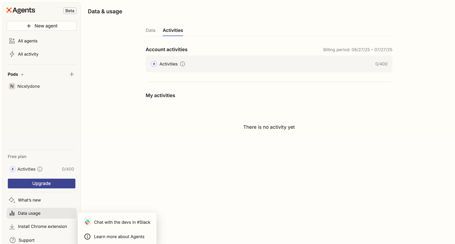 Zapier - Data & usage | Zapier Agents screen