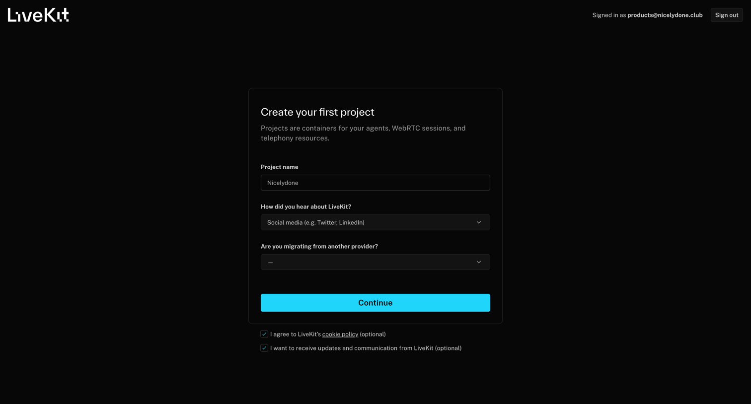 Livekit - New Project | LiveKit Cloud screen