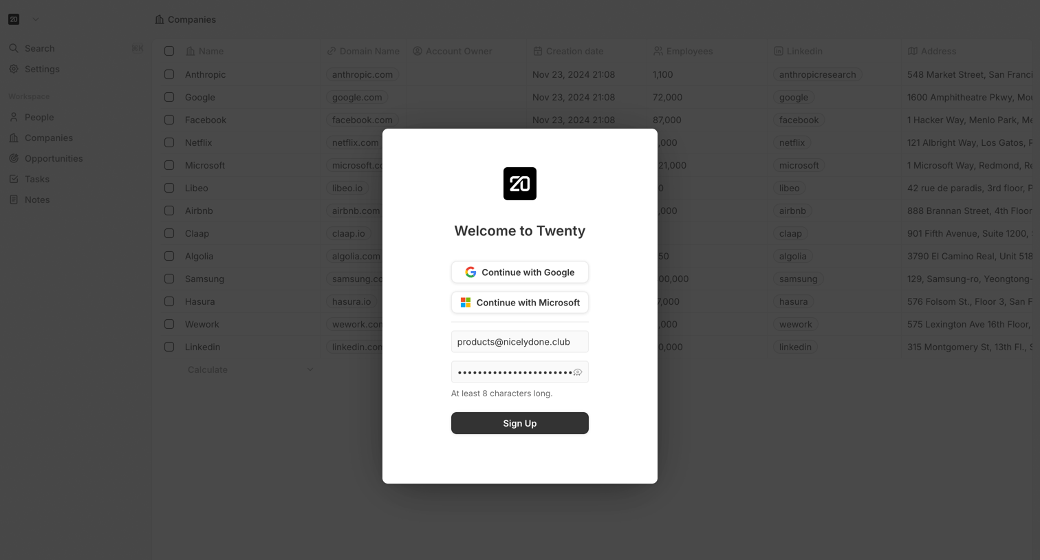 Twenty - Sign in or Create an account screen
