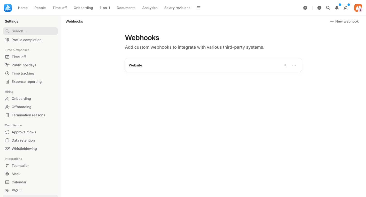 Aboard - Webhooks | Settings | Aboard screen
