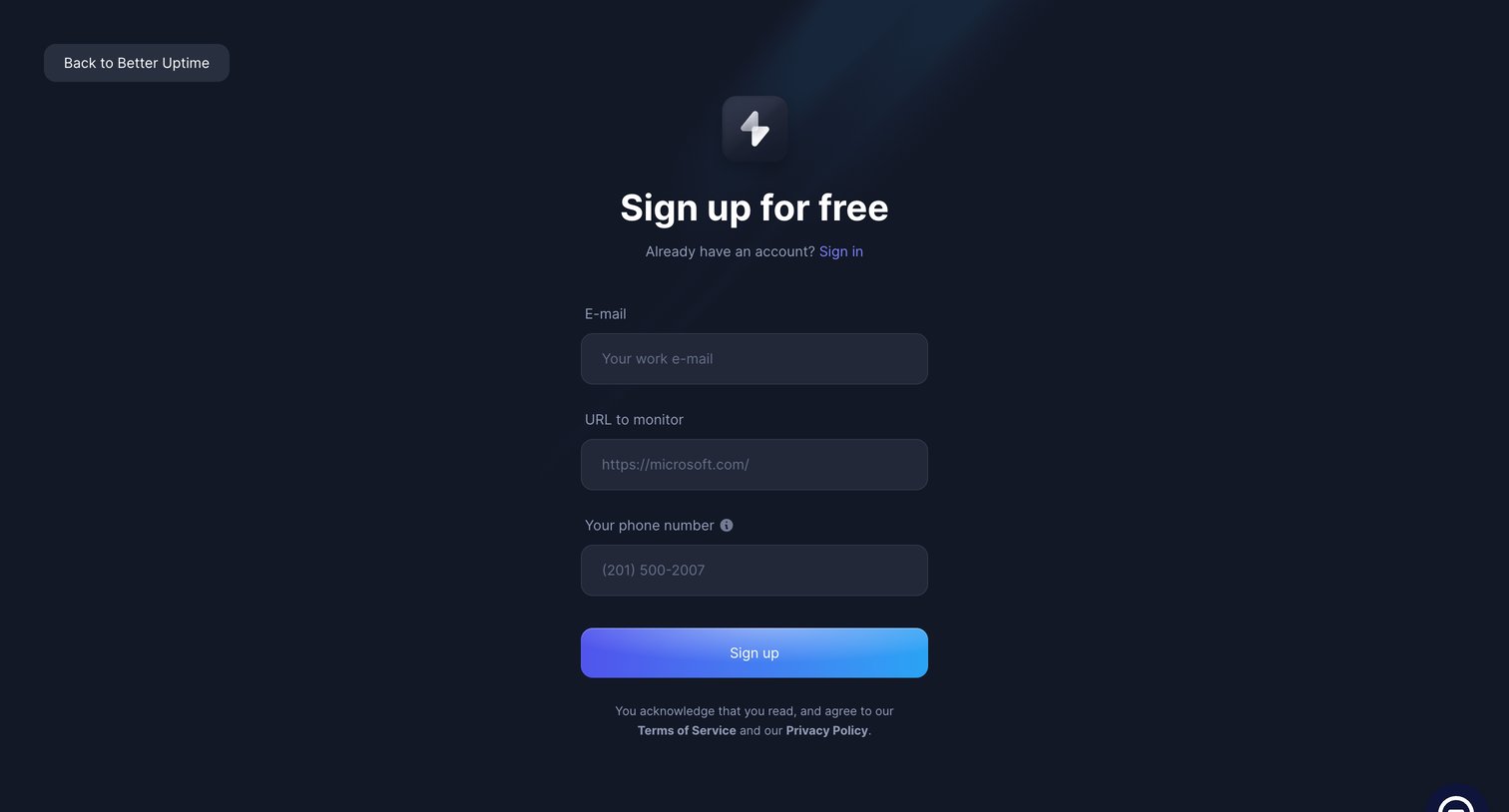 Better Stack - Sign up | Better Uptime screen