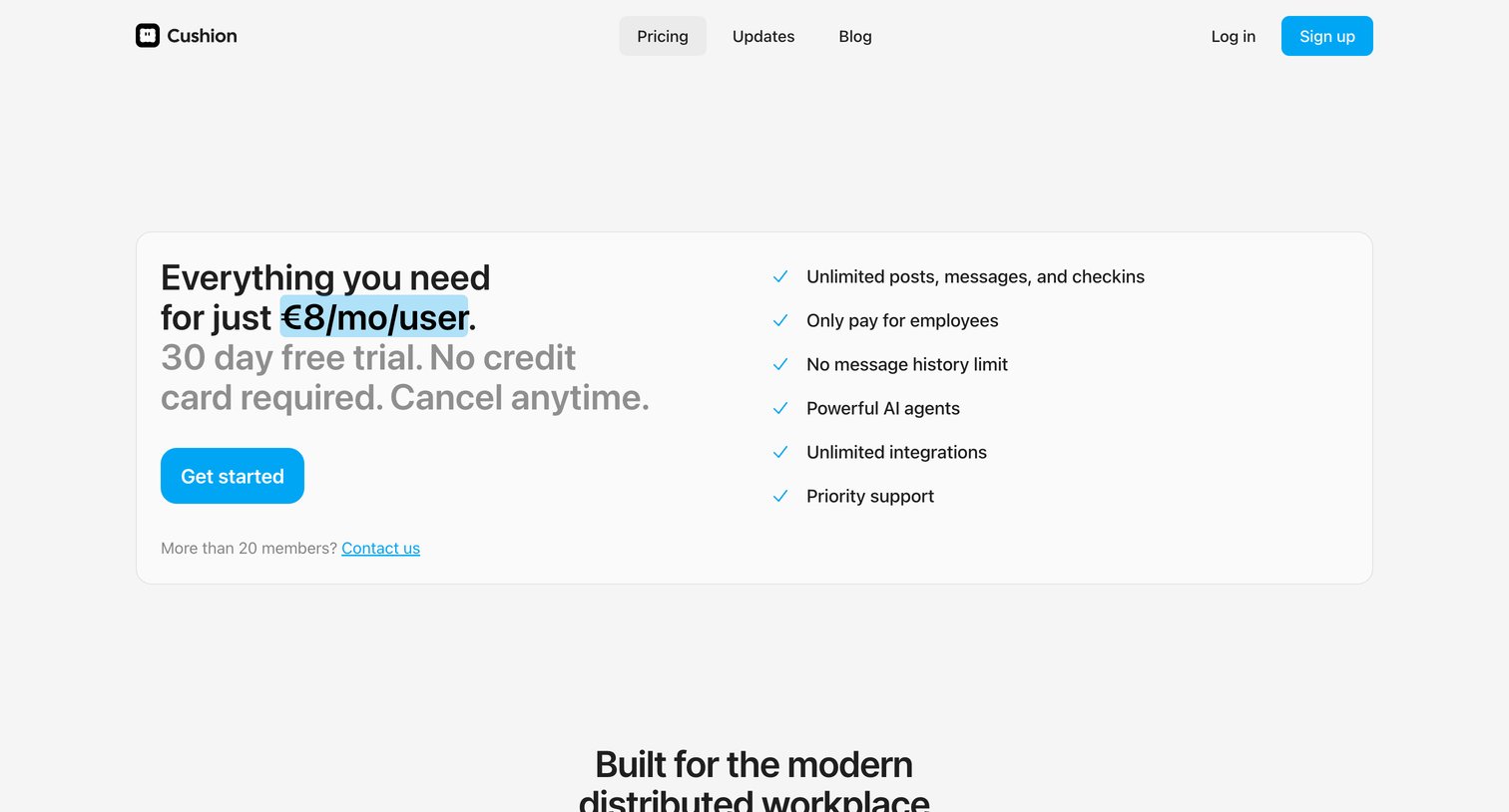 Cushion - Pricing  Cushion - Simple, Transparent Pricing for Async Teams screen