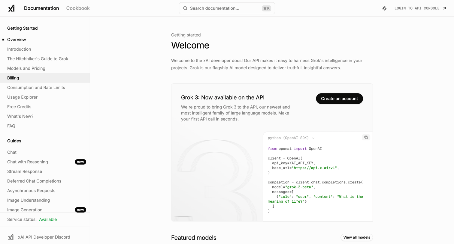 Grok - Overview | xAI Docs screen
