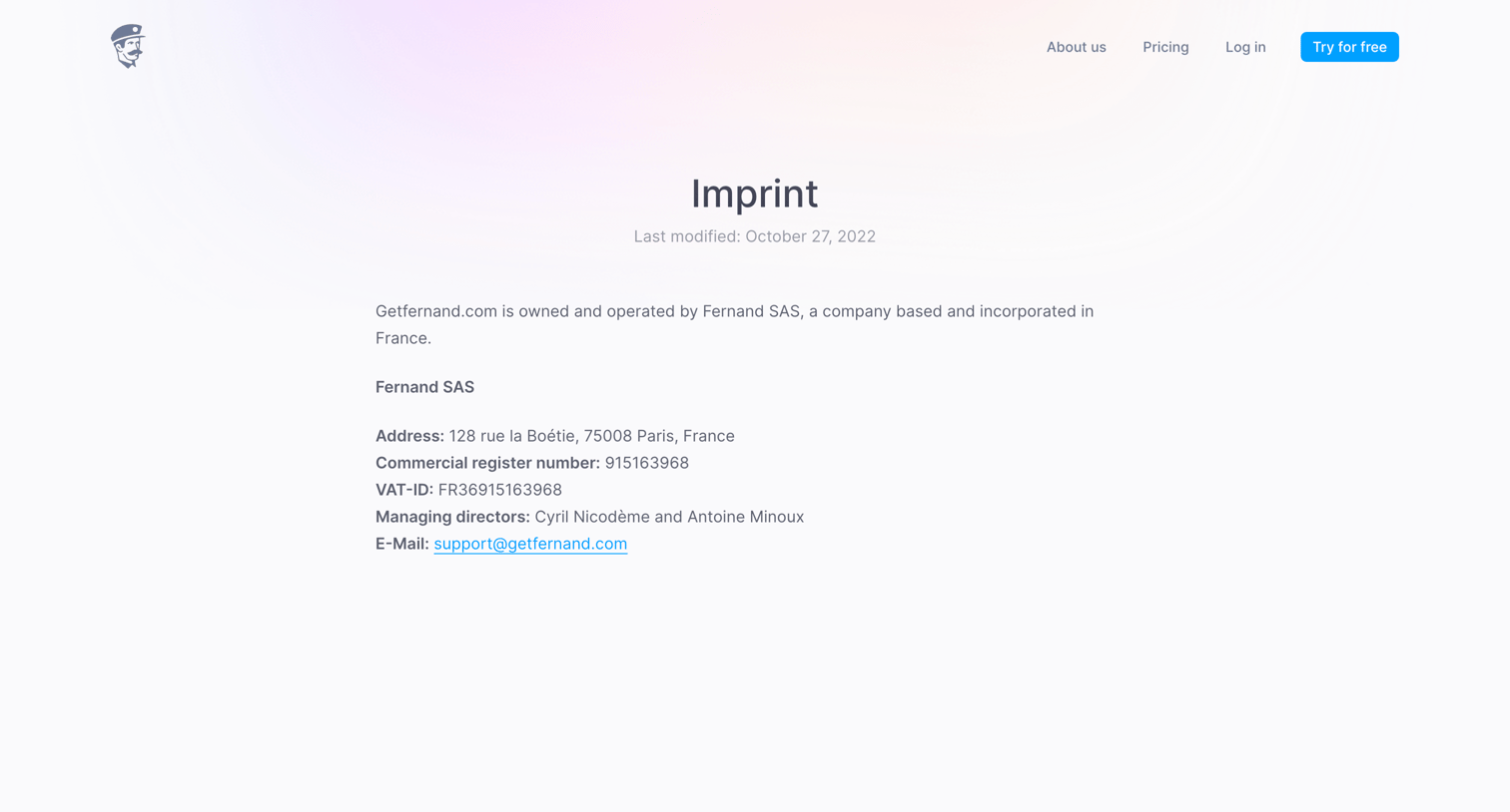 Fernand - Imprint - Fernand screen