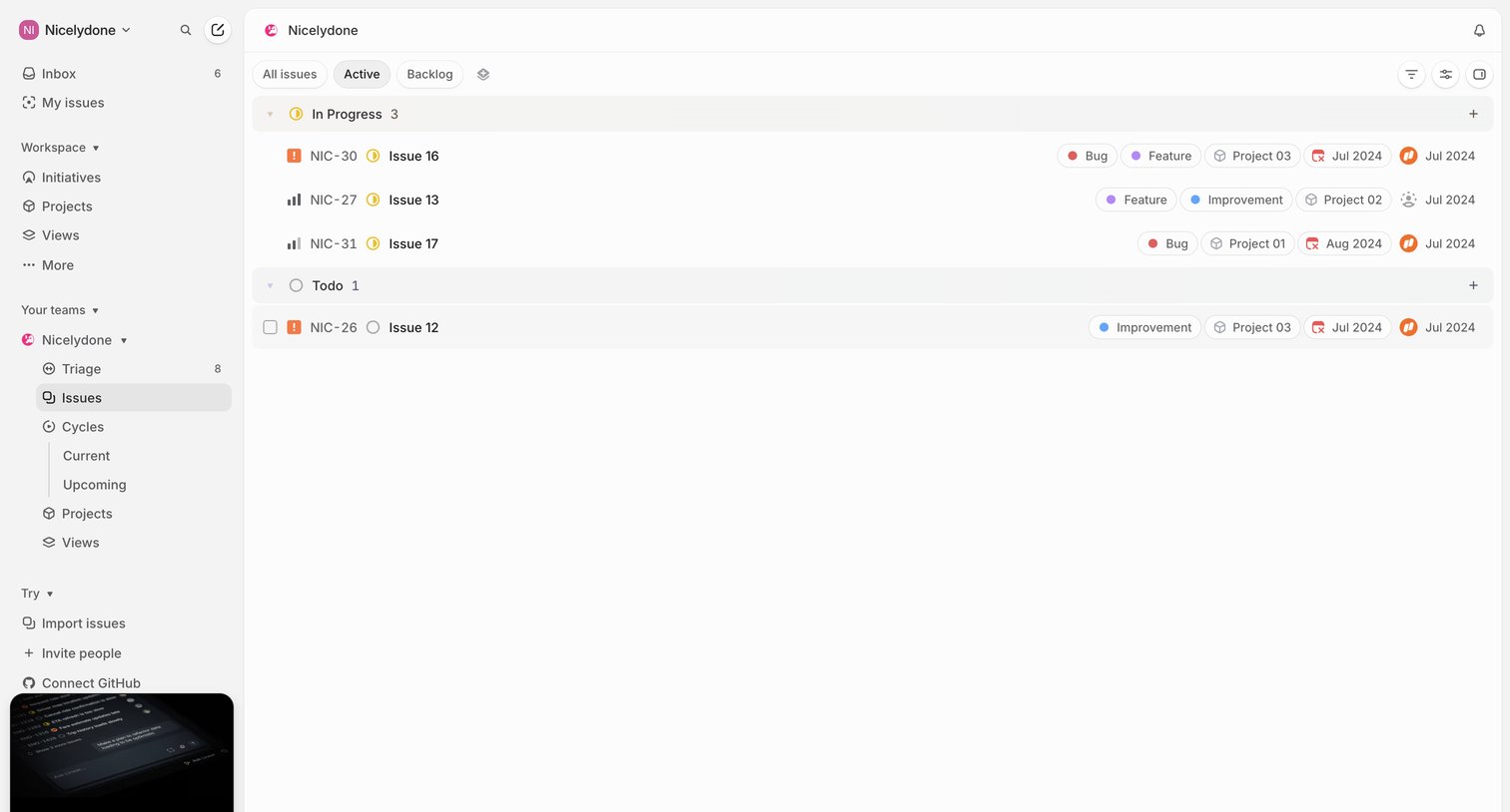 Linear - Nicelydone › Active issues screen