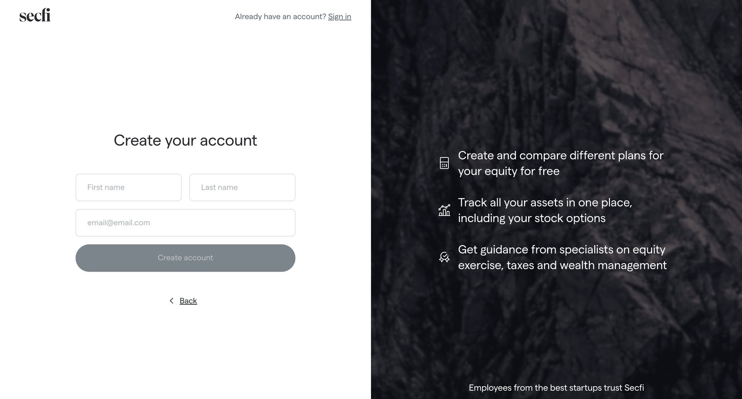 Secfi - Create your account | Secfi screen