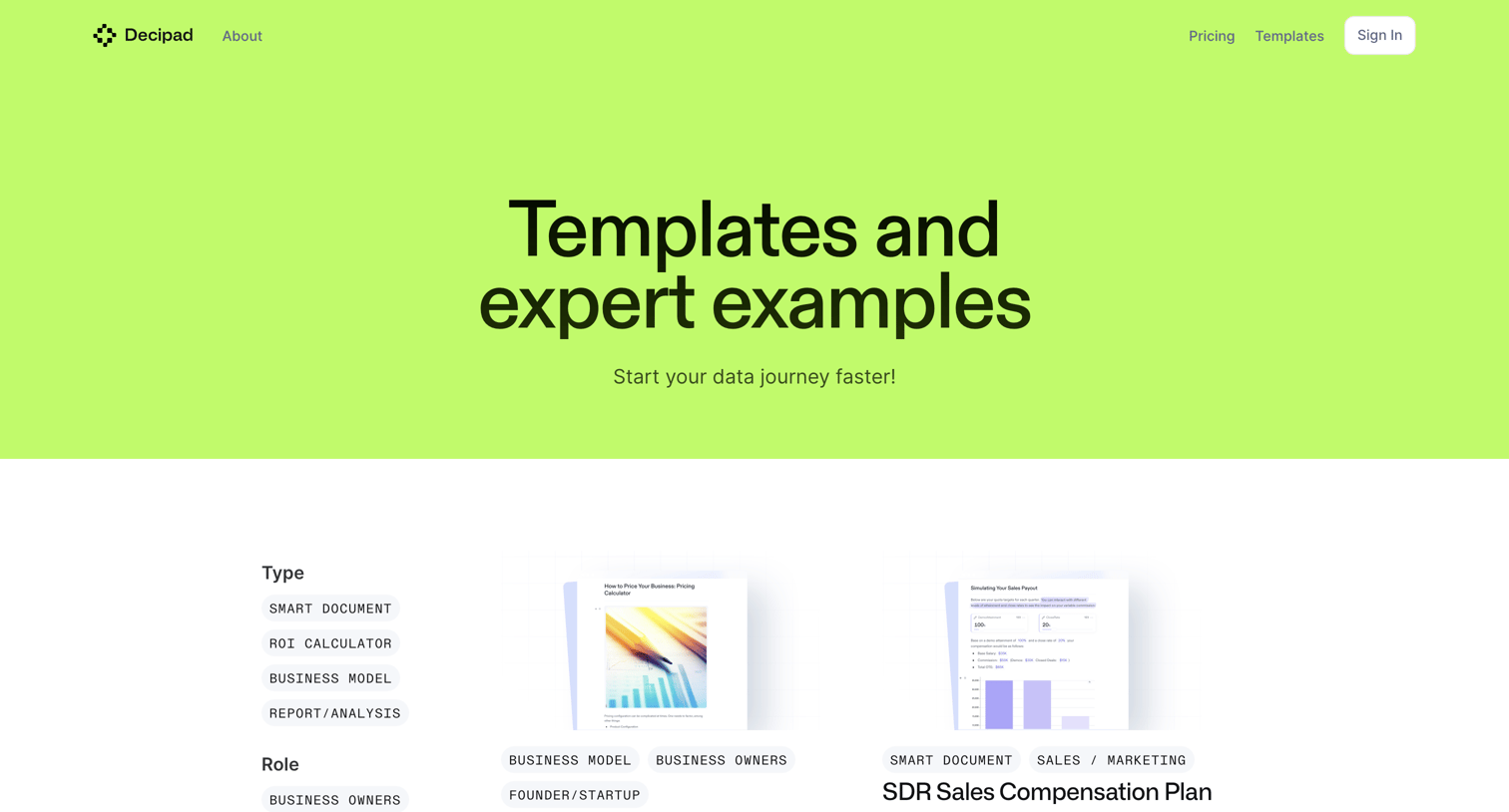 Decipad - Decipad Templates screen
