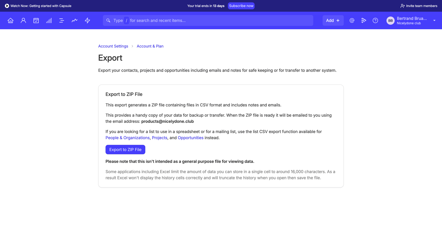 Capsule - Export | Nicelydone club CRM screen