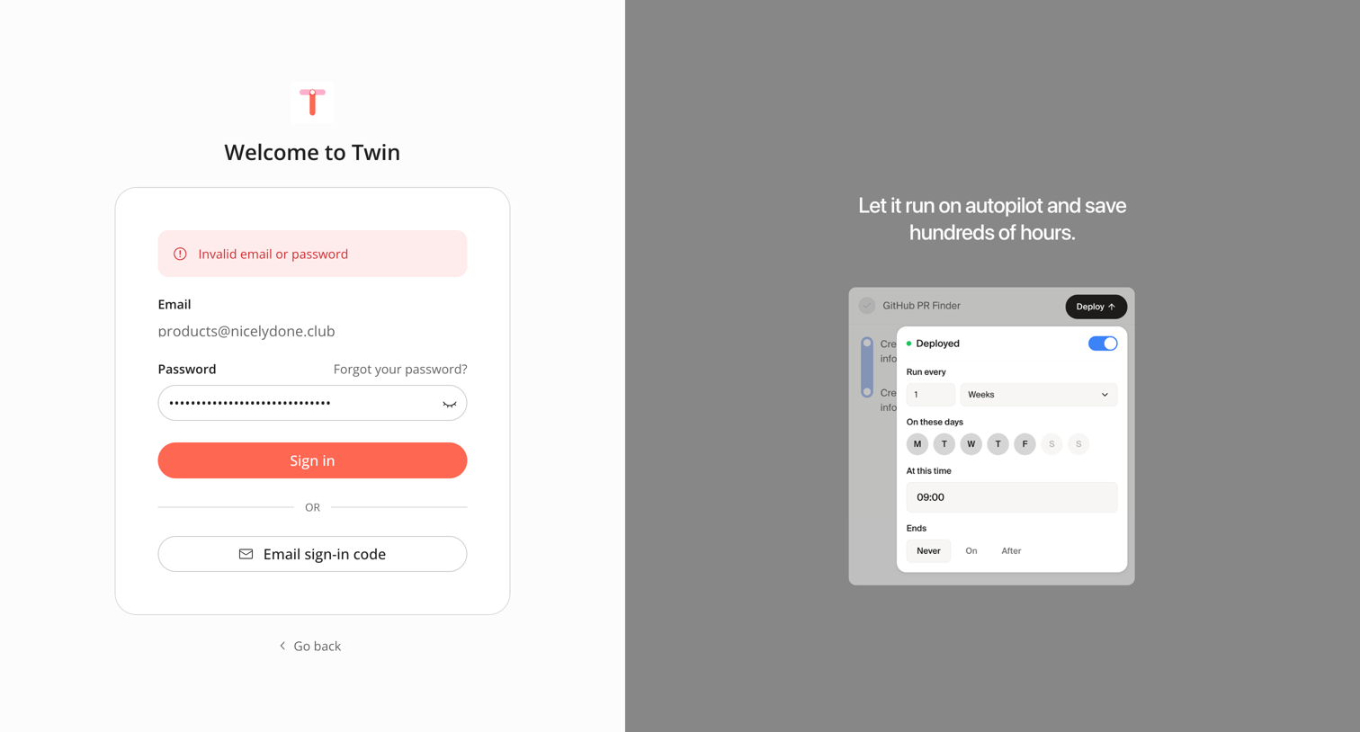 Twin - Sign in screen