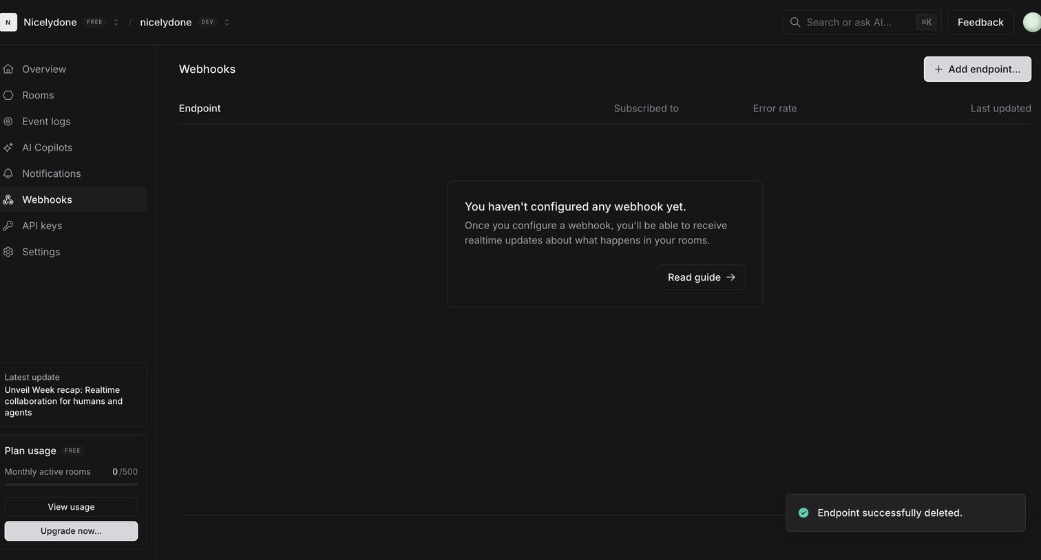 Liveblocks - nicelydone (Development) | nicelydone (Development) | Webhooks screen