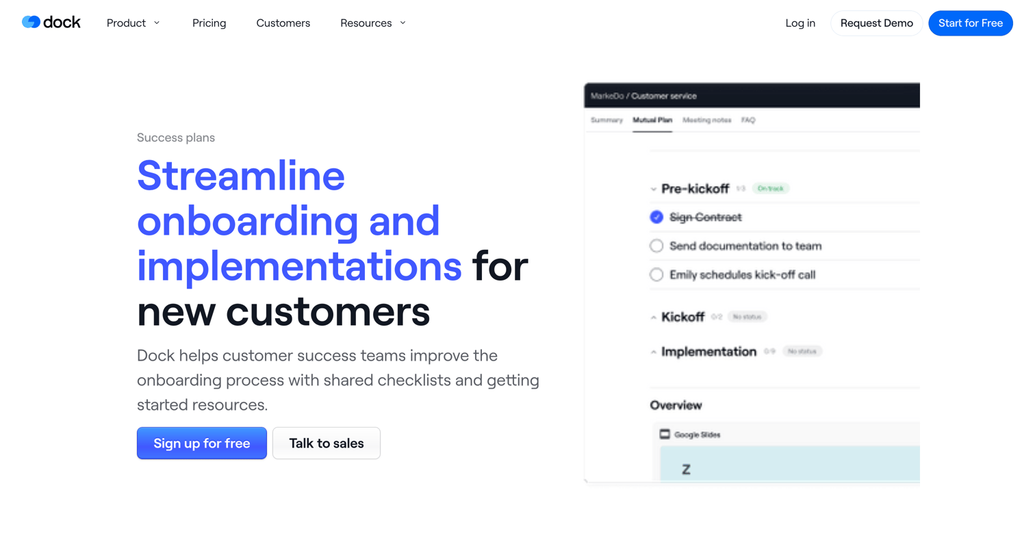 Dock - Create Success Plans & Implementation Checklists | Dock screen