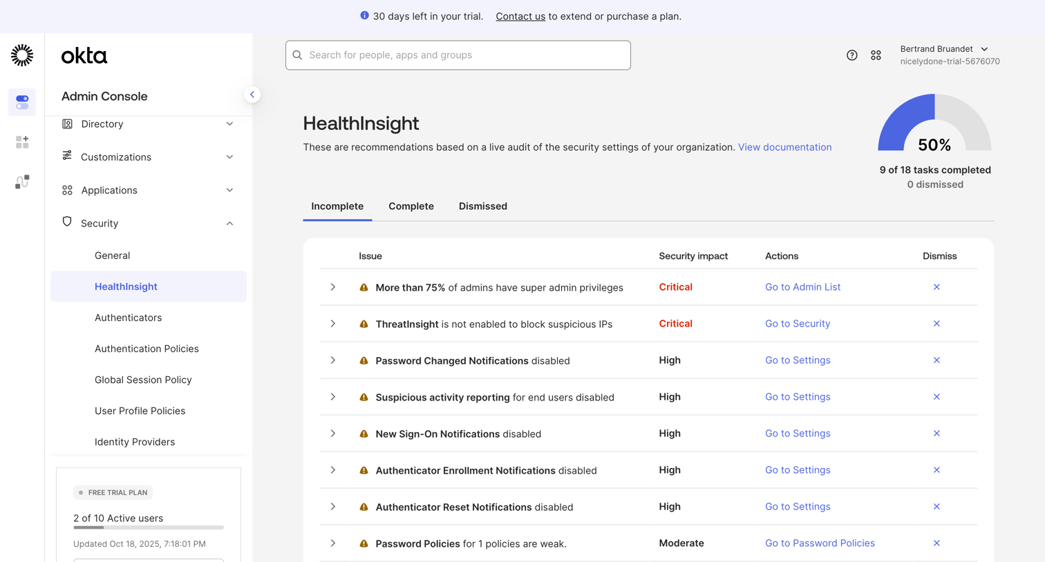 Okta - nicelydone-trial-5676070 - HealthInsight screen