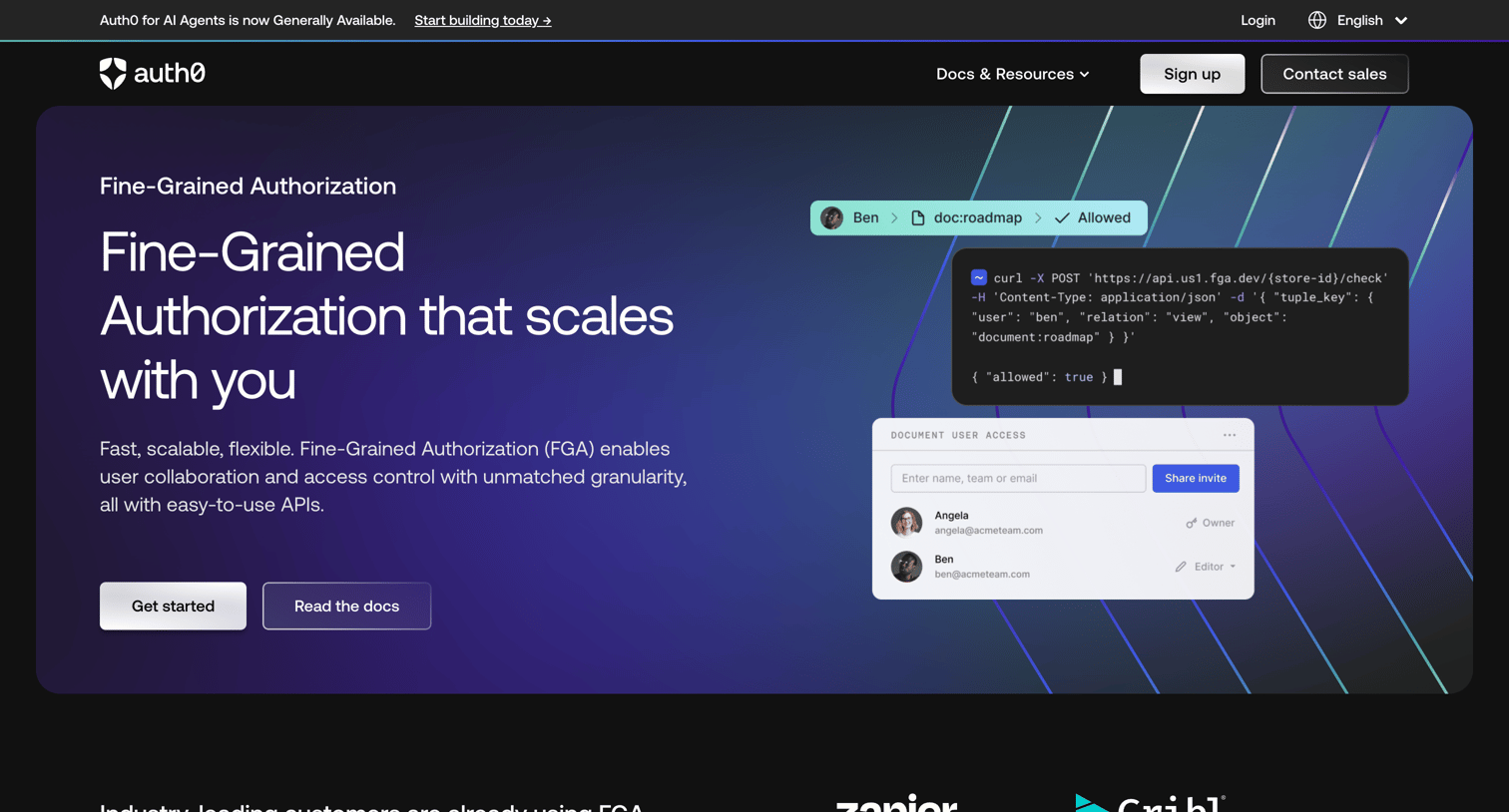 Okta - Fine-Grained Authorization (FGA) at scale for developers - Auth0 screen