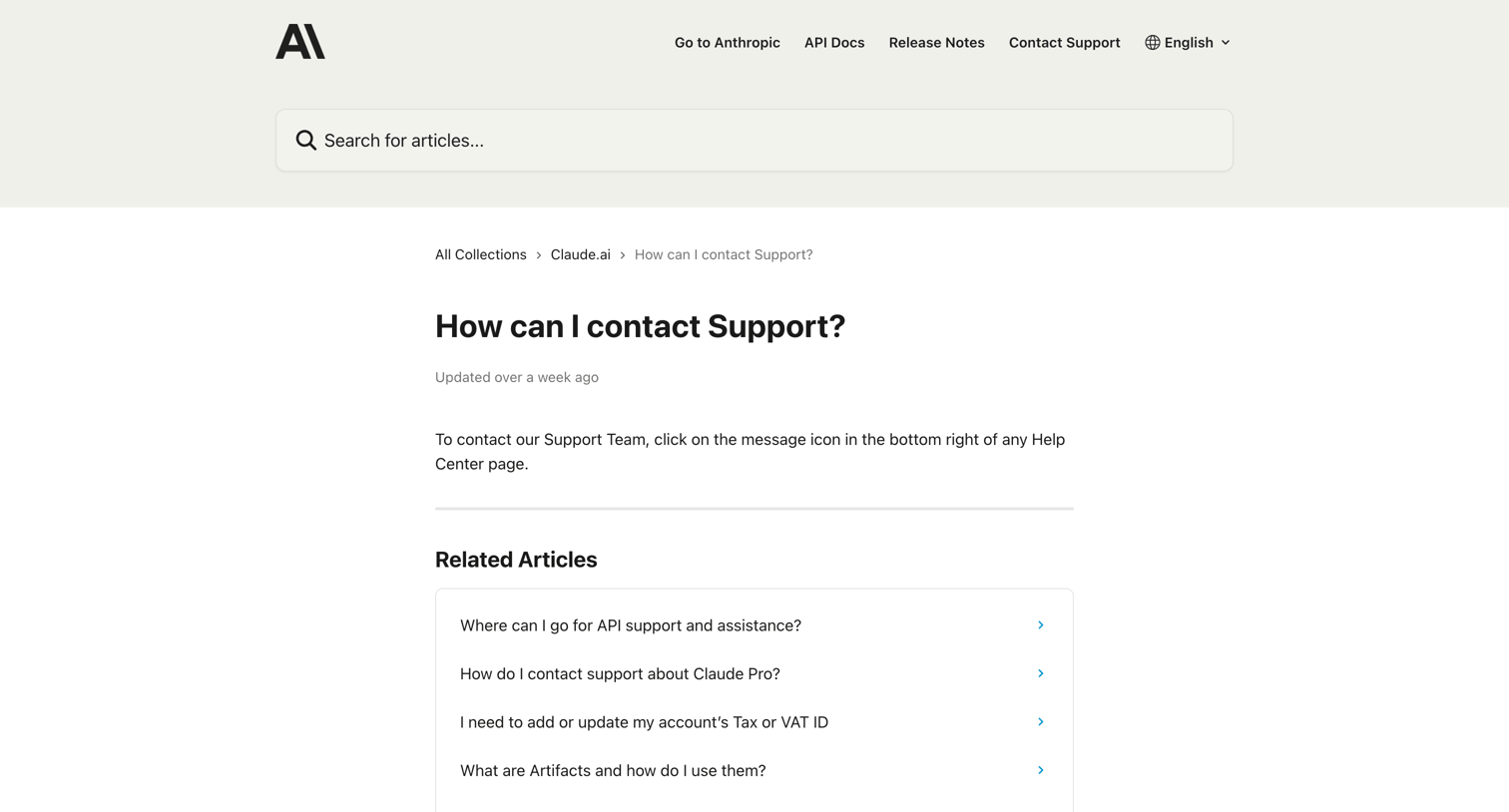 Claude - How can I contact Support | Anthropic Help Center screen