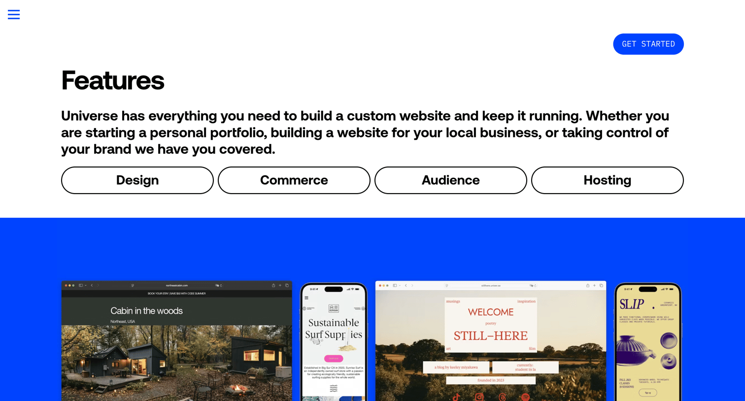 Universe - Features - Universe Website Builder Design Custom Sites with No Code screen