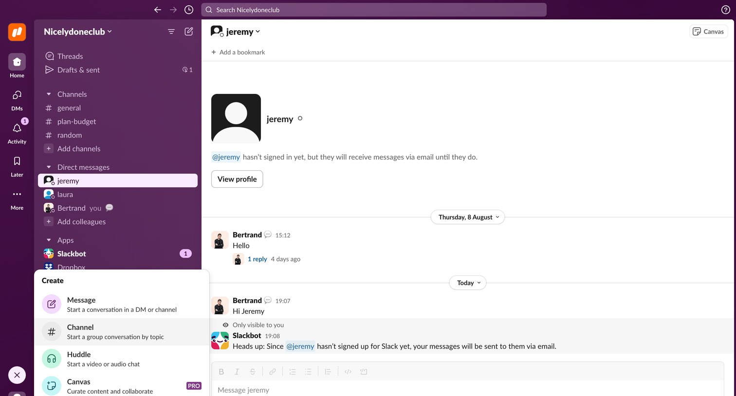 Slack - jeremy DM - Nicelydoneclub - 1 new item - Slack screen