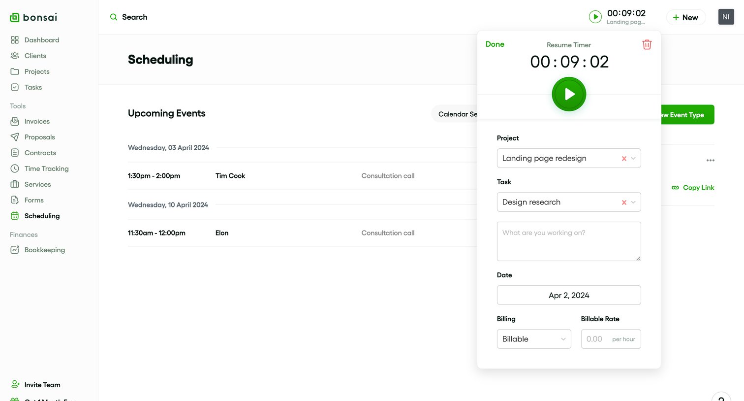Bonsai - Scheduling - Bonsai screen