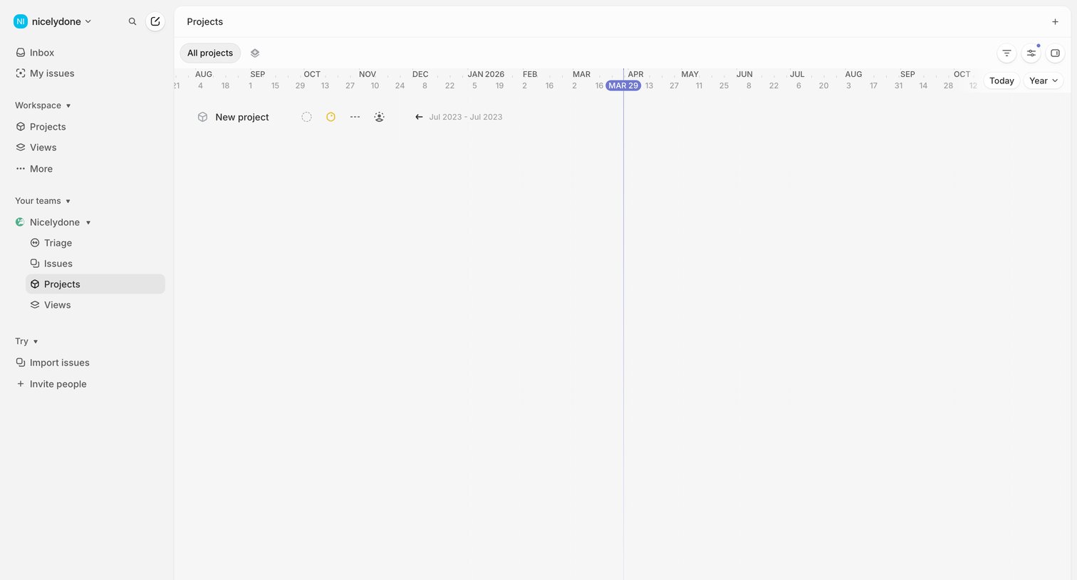 Linear - Nicelydone › Projects screen