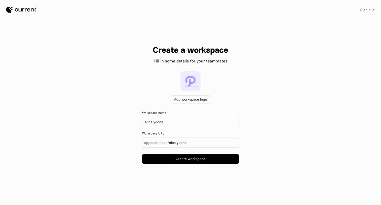 Current - Current — Create Workspace screen
