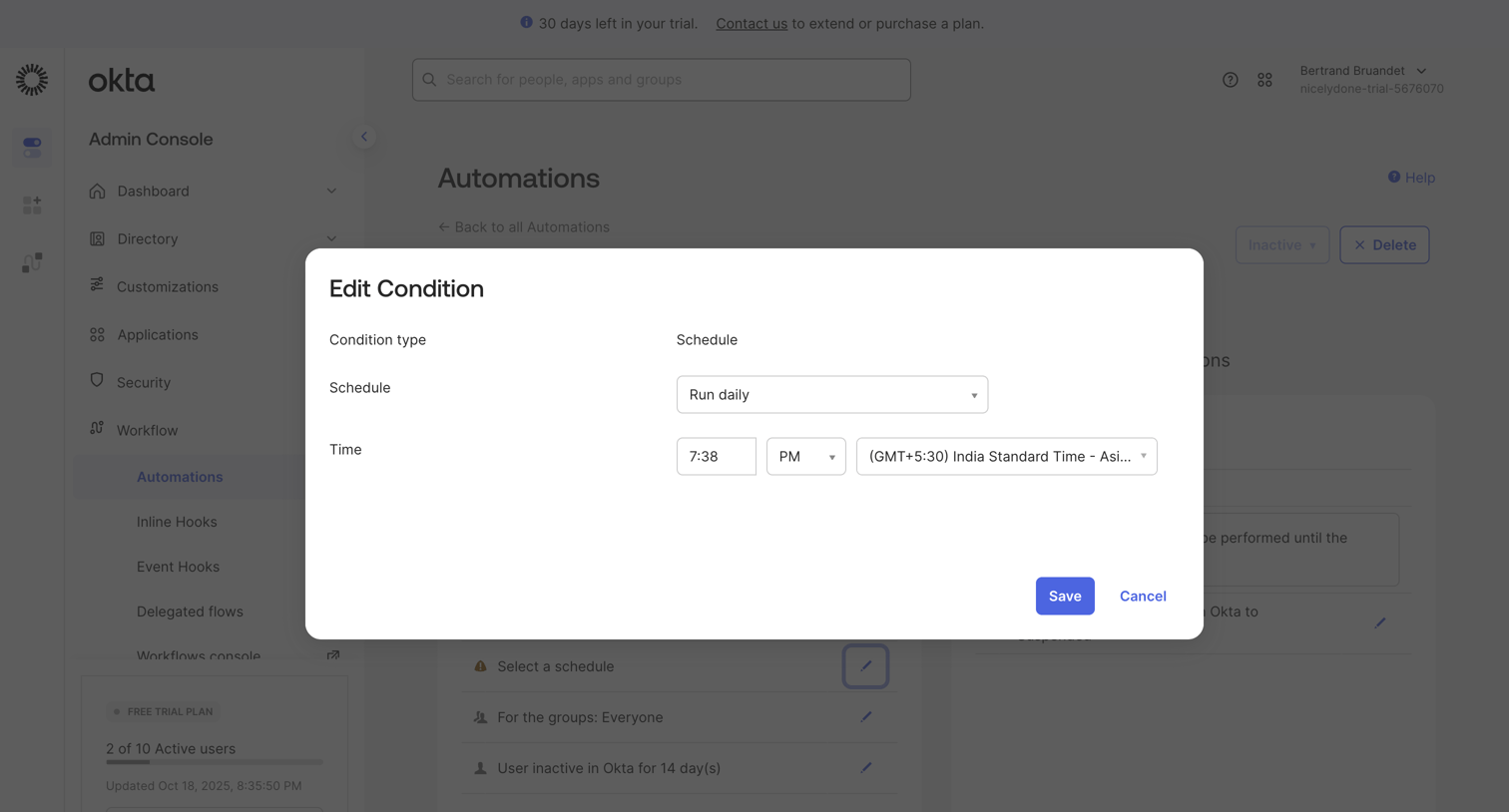 Okta - nicelydone-trial-5676070 - Automations screen