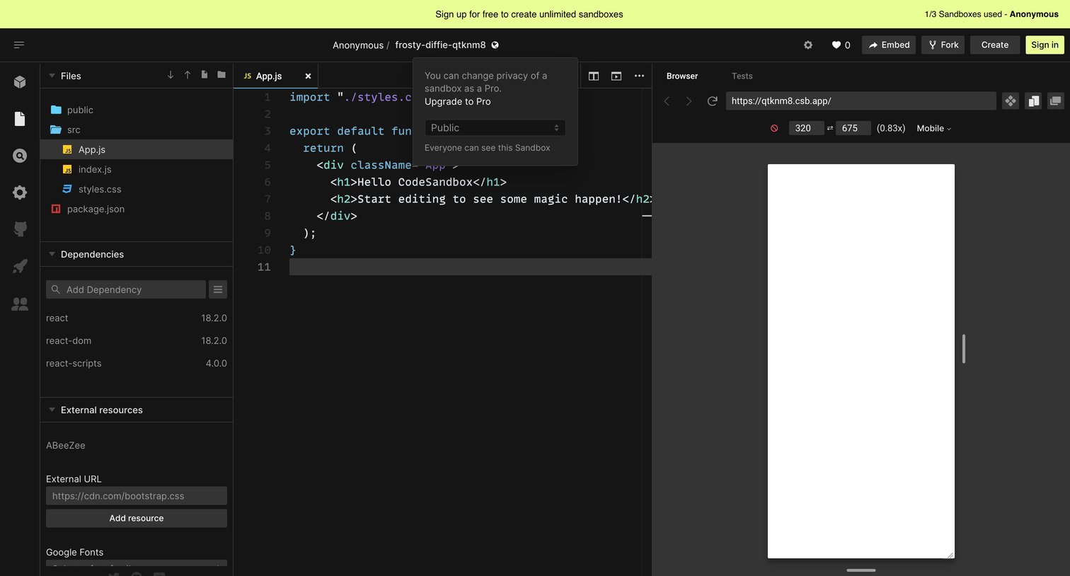 CodeSandbox - frosty-diffie-qtknm8 - CodeSandbox screen