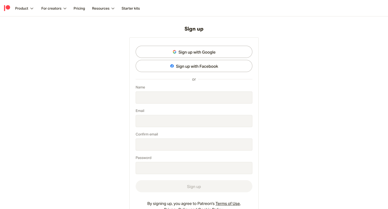 Patreon - Sign Up | Patreon screen