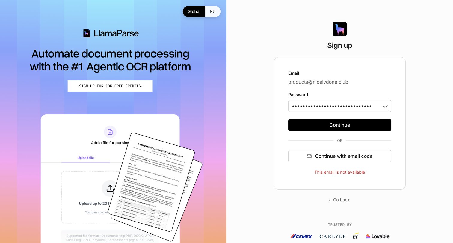 Llamaindex - Sign up screen