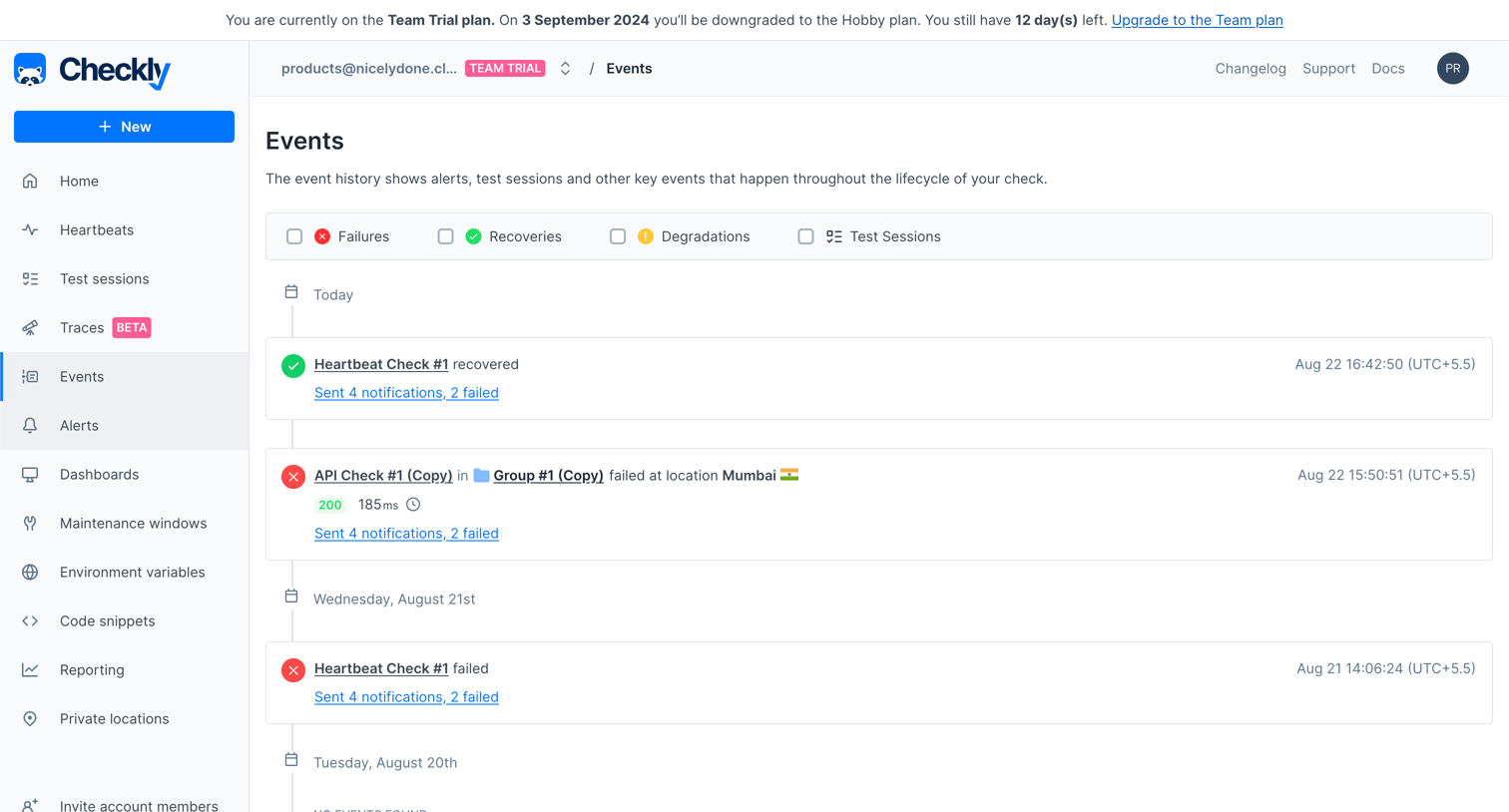Event history from Checkly