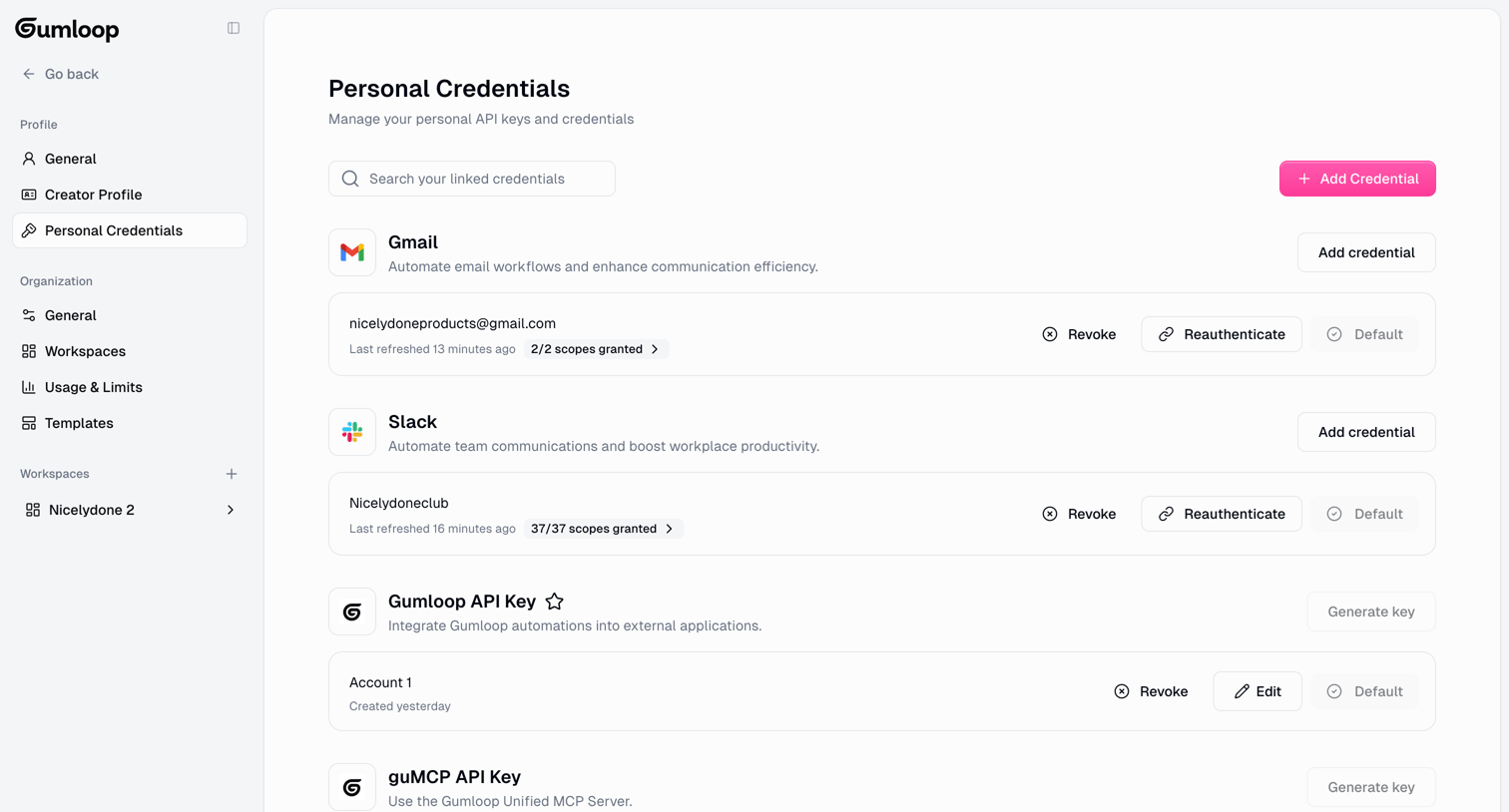 Gumloop - Gumloop | Credentials screen