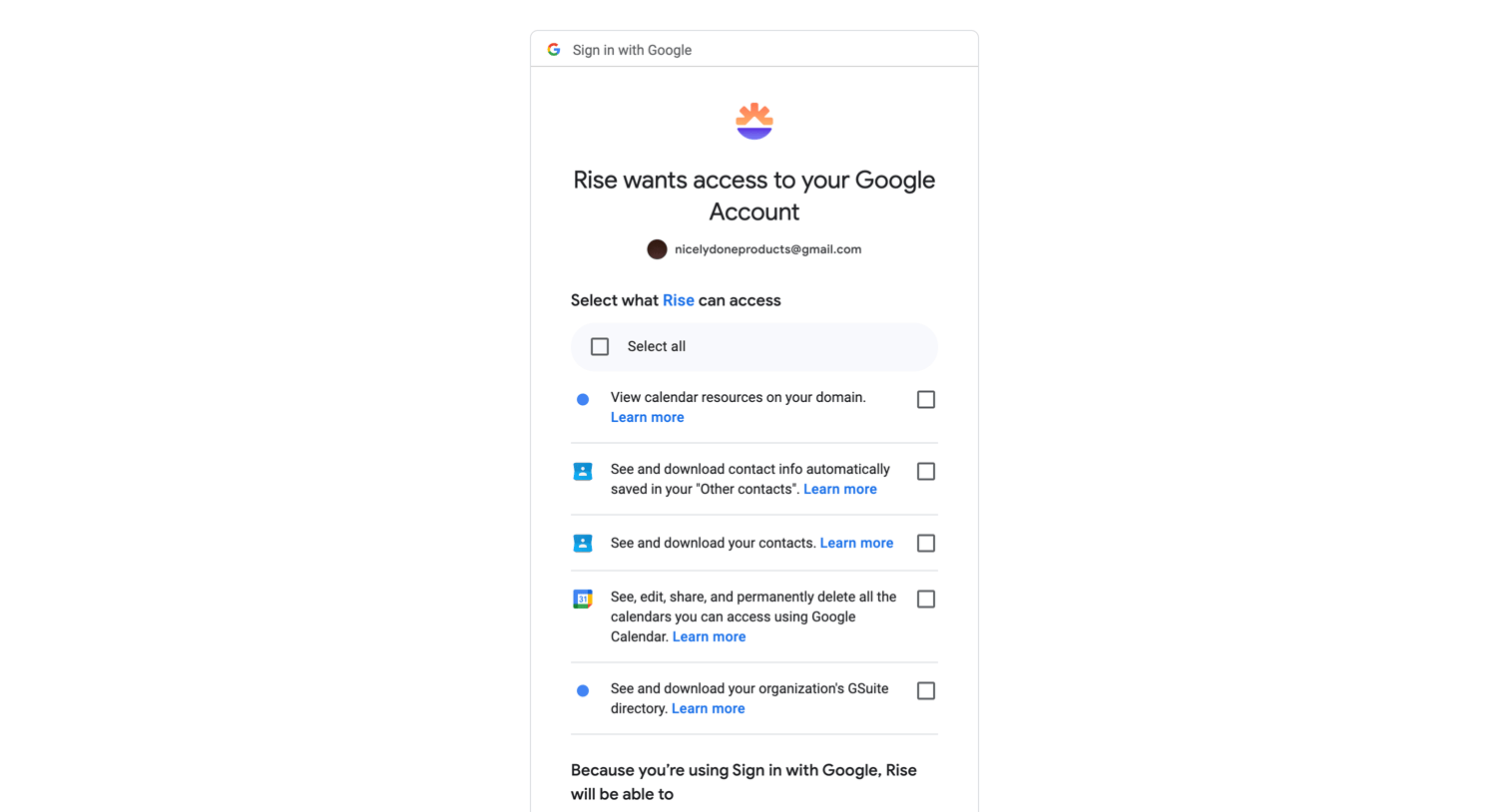 Rise - Sign in - Google Accounts screen