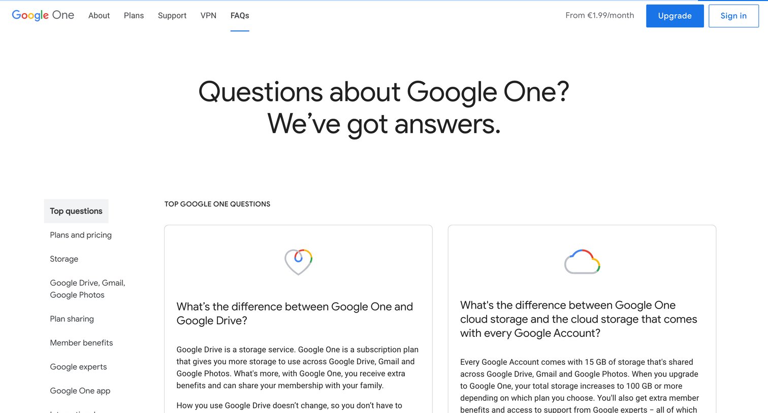 Google One - Frequently asked questions FAQs – Google One screen