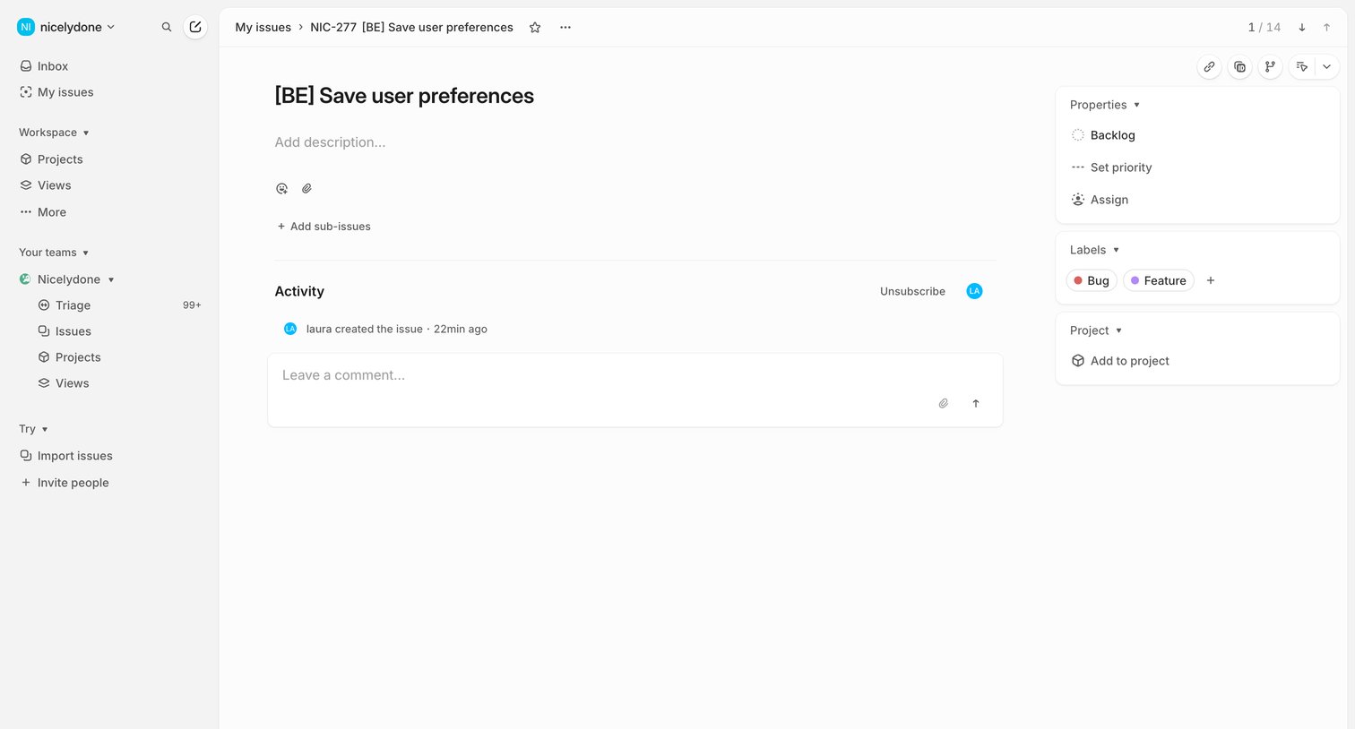 Linear - NIC-277 [BE] Save user preferences screen