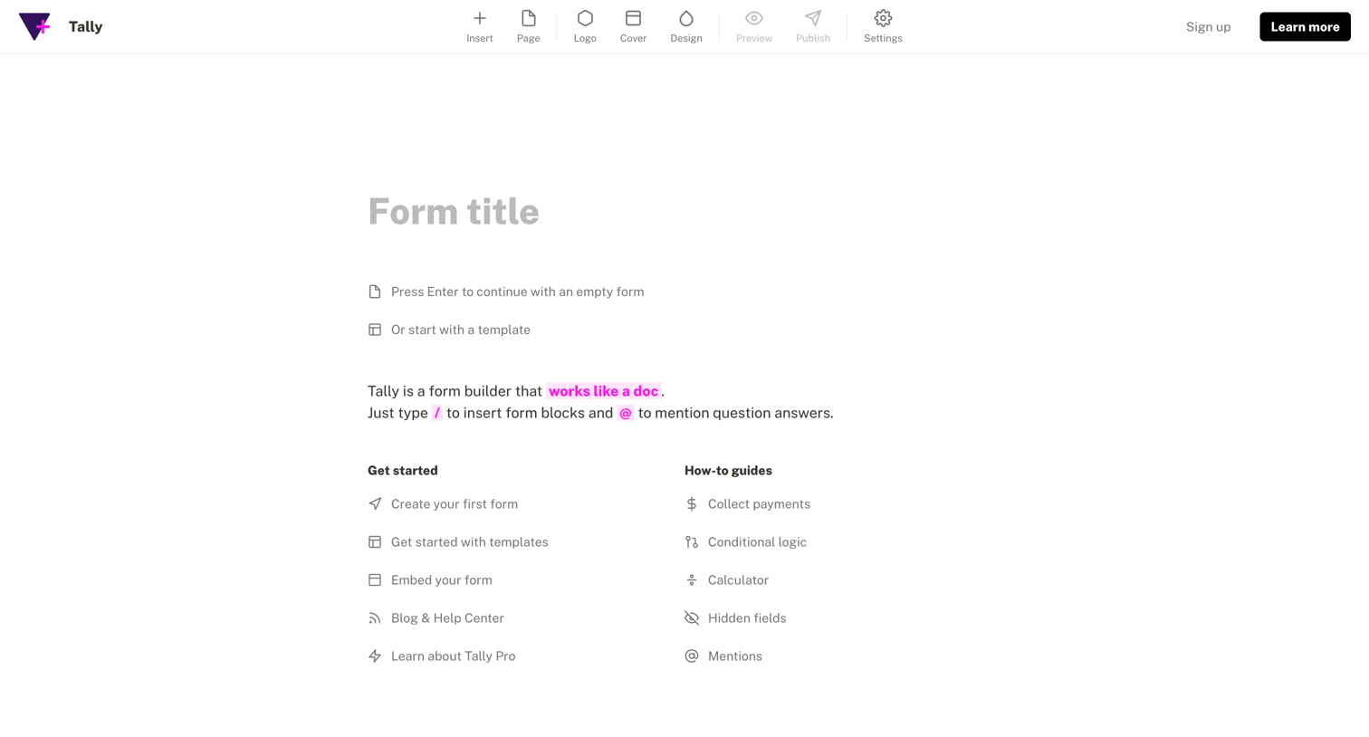 Tally - Create form - Tally screen