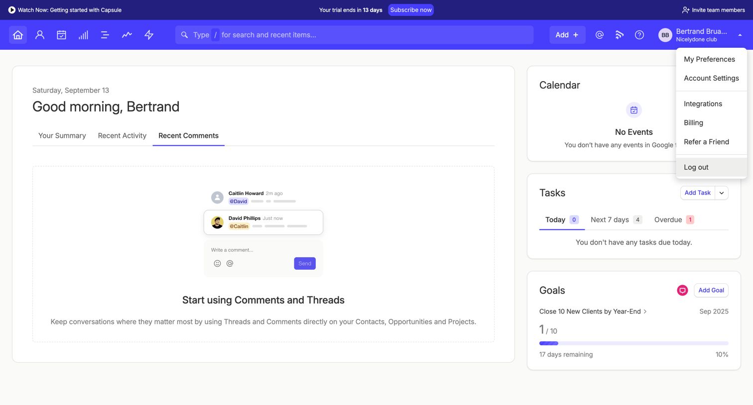 Capsule - Recent Comments | Nicelydone club CRM screen