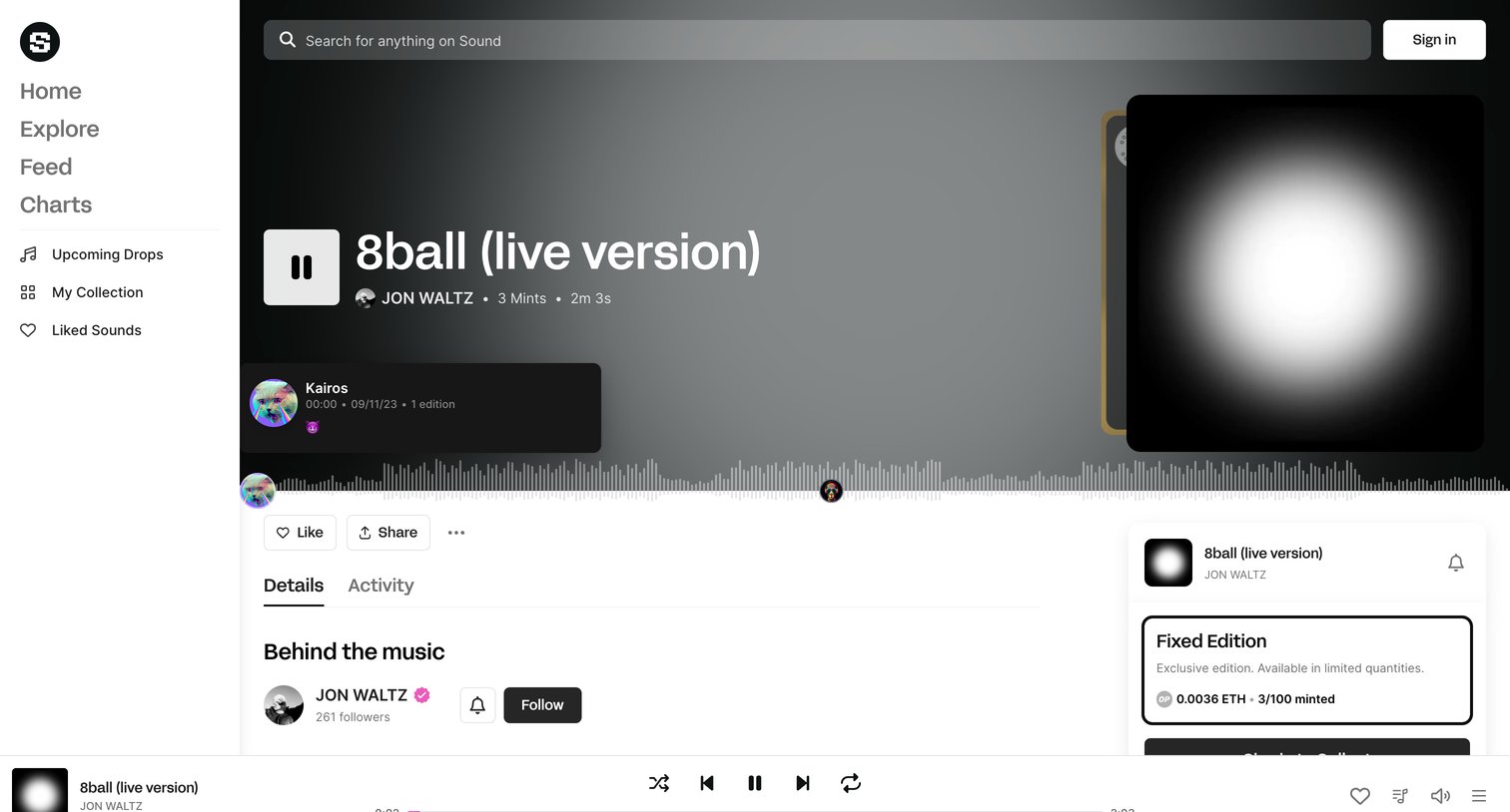 Sound.xyz - 8ball live version • JON WALTZ screen