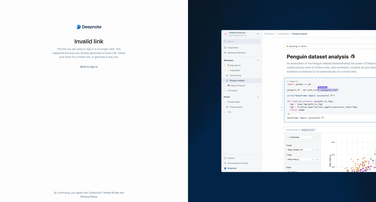 Deepnote - Invalid link screen