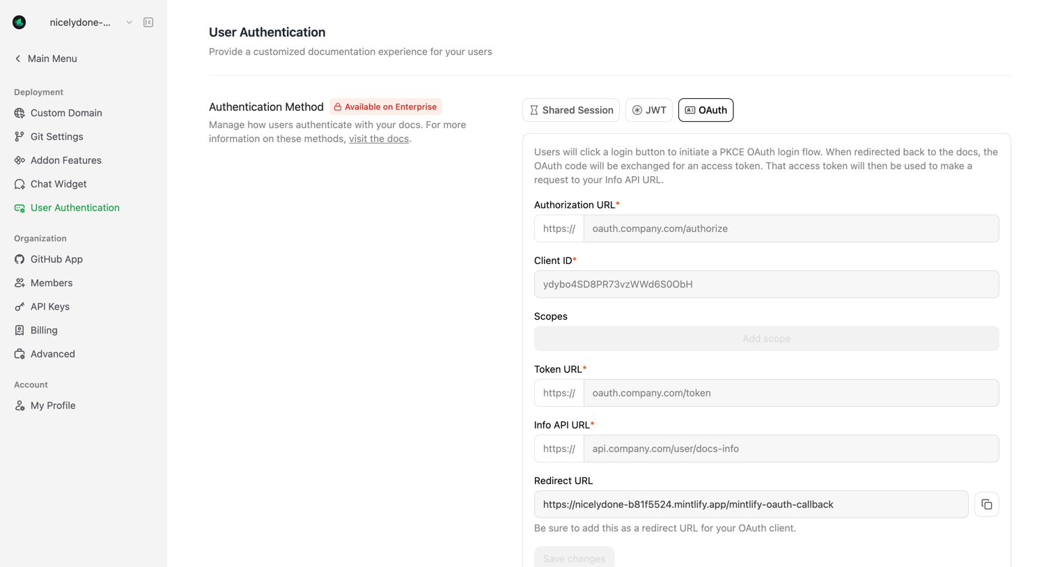 Mintlify - User Authentication - Mintlify screen