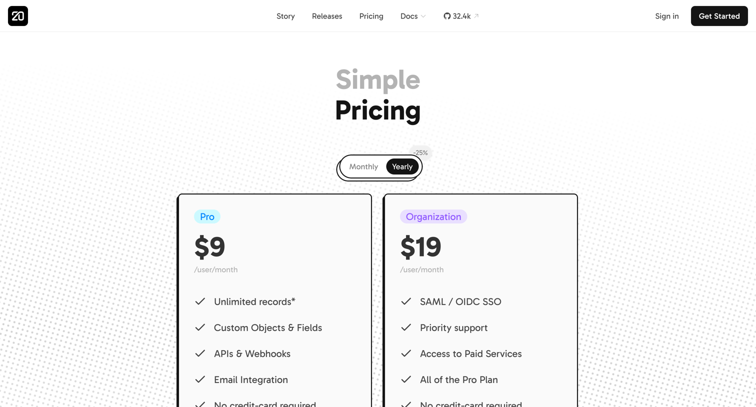 Twenty - Twenty - Pricing screen