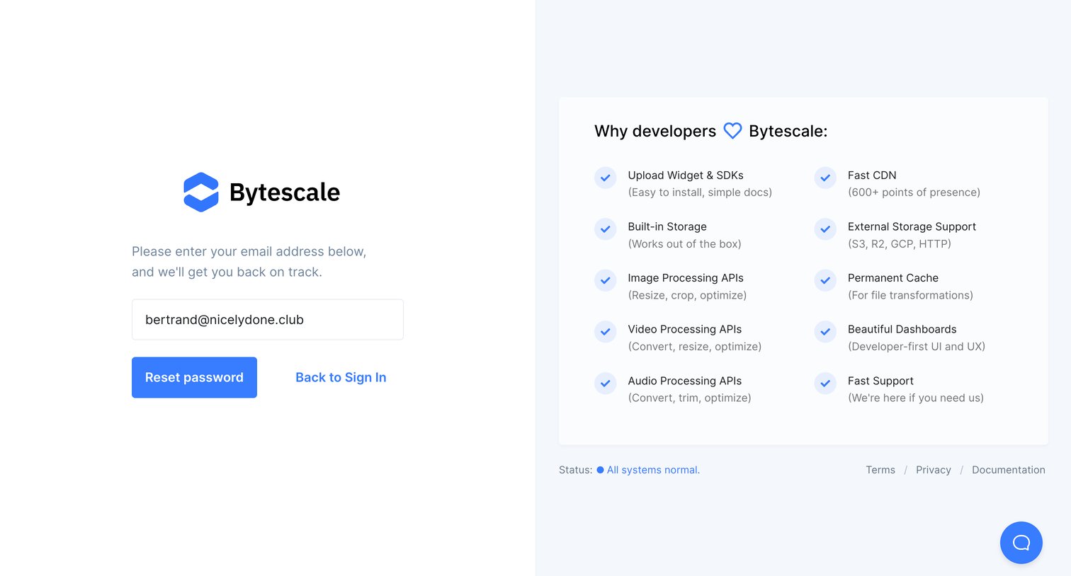 Bytescale - Forgotten Password | Bytescale screen