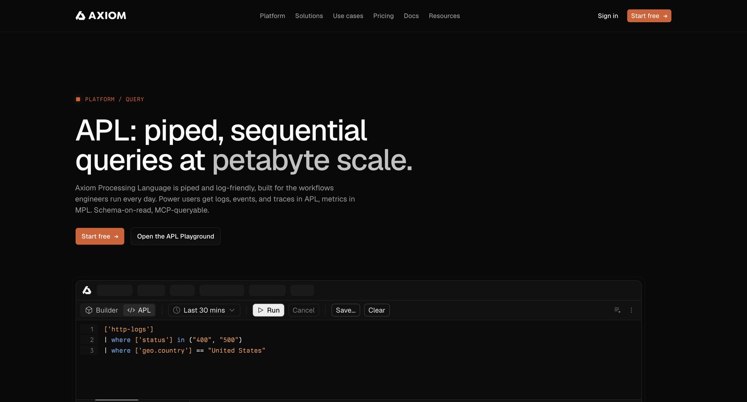 Axiom - APL: the piped, sequential query language built for power users at petabyte scale - Axiom screen