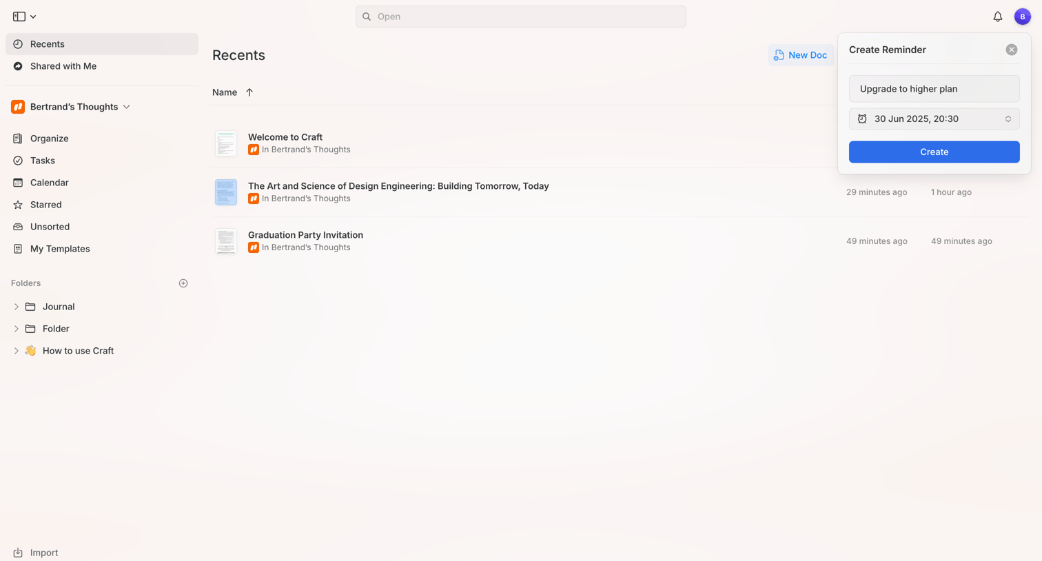 Craft - Recents screen