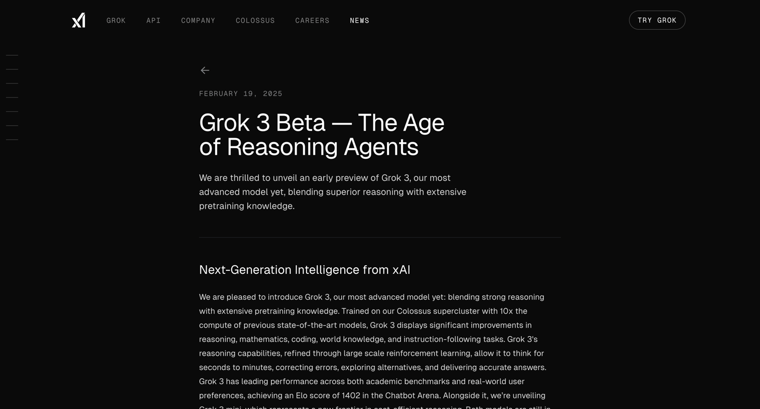 Grok - Grok 3 Beta — The Age of Reasoning Agents | xAI screen