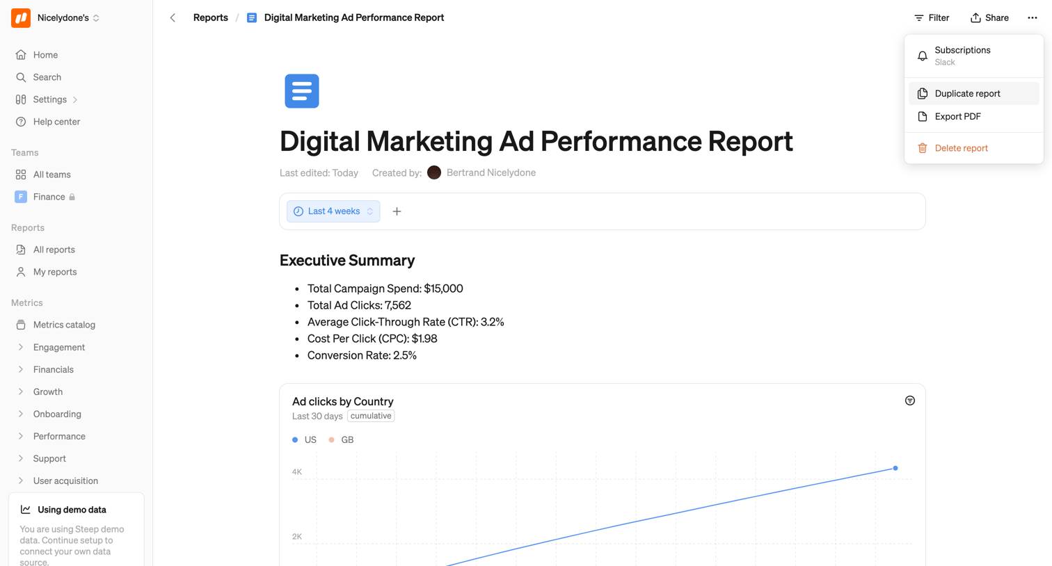 Steep - Digital Marketing Ad Performance Report screen